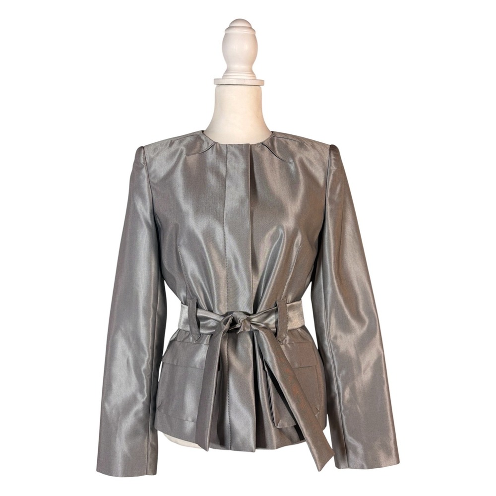 Calvin Klein Silver Belted Metallic Blazer 6 NWOT Futuristic Quiet Luxury Chic